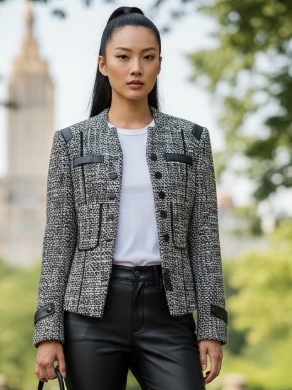 Vintage 90s Worth New York Tweed Leather Trim Jacket | Size 8